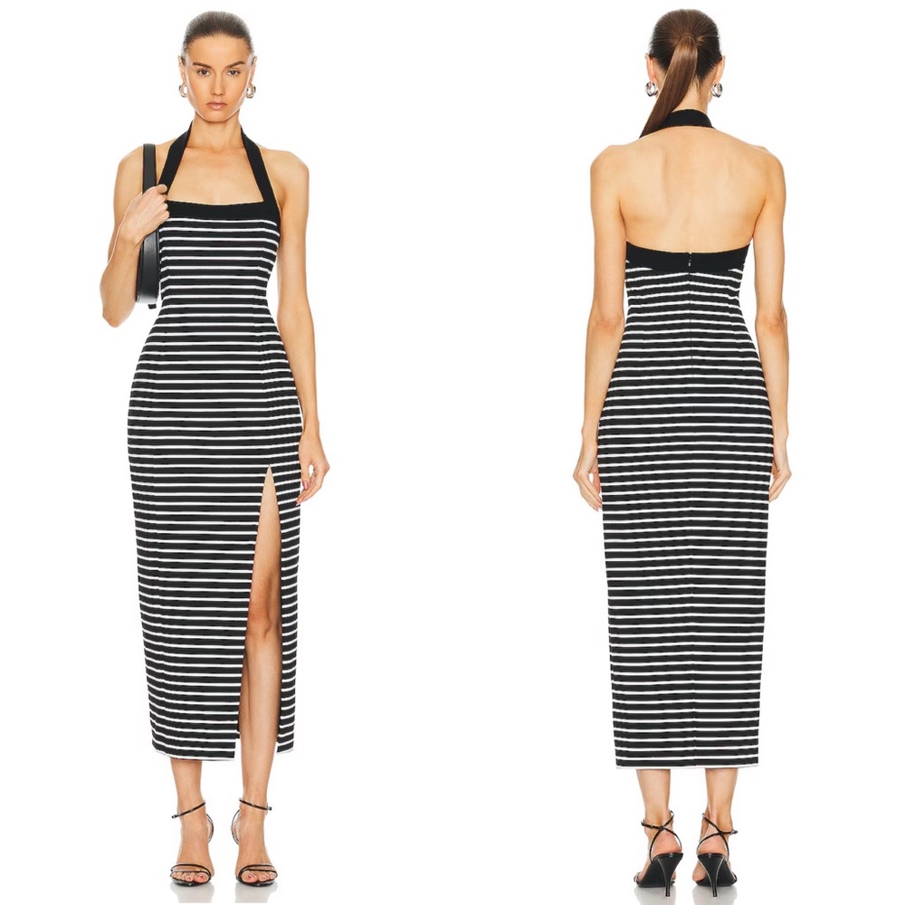 NEW NWT NICHOLAS Jane Contrast Square Neck Midi Dress In Black & Milk Stripe